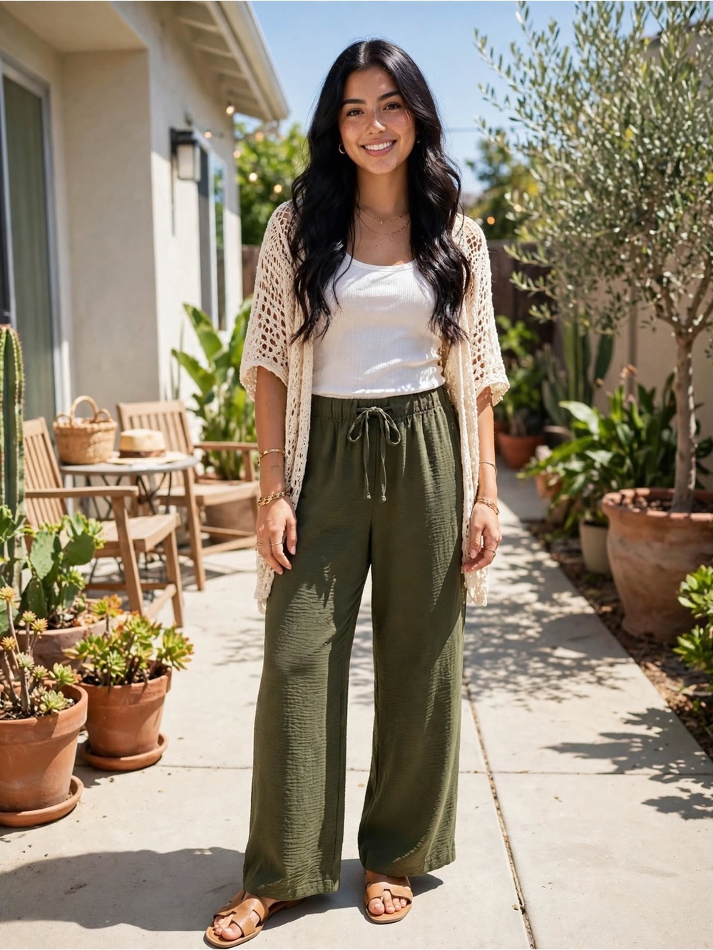 Relaxed Olive Drawstring Wide-Leg Pants - Women's